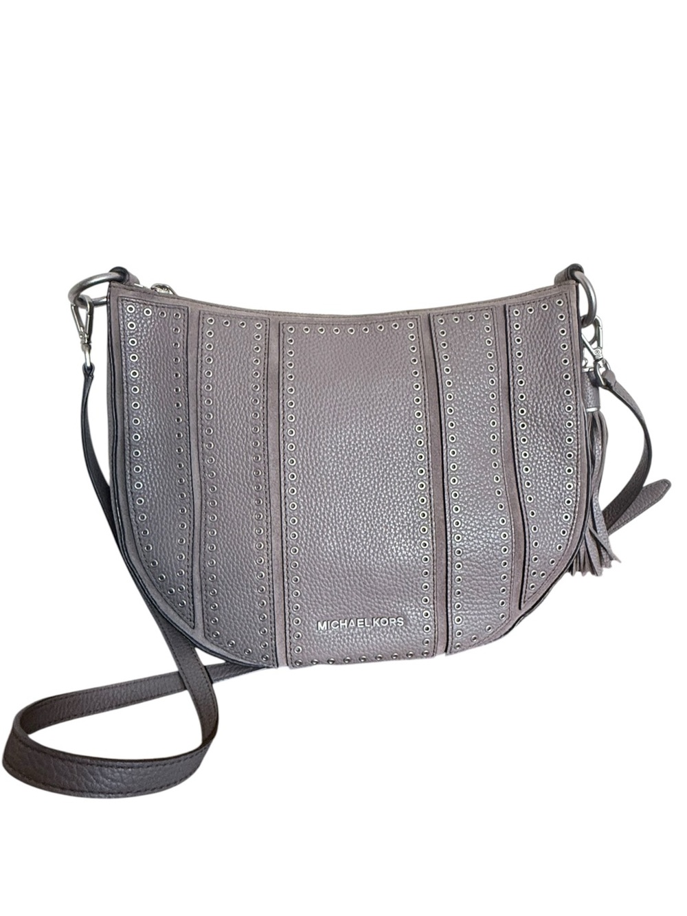 Michael Kors Brooklyn Grommet Hobo Crossbody Bag Taupe Silver Tasseled